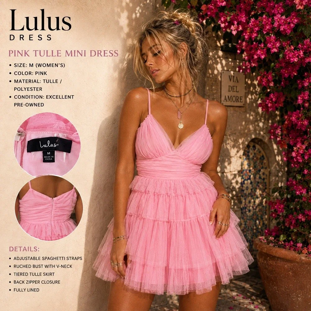 Lulus Pink Tulle Mini Dress Ruched V-Neck Tiered Ruffle Party Dress Womens Med - Picture 2 of 12